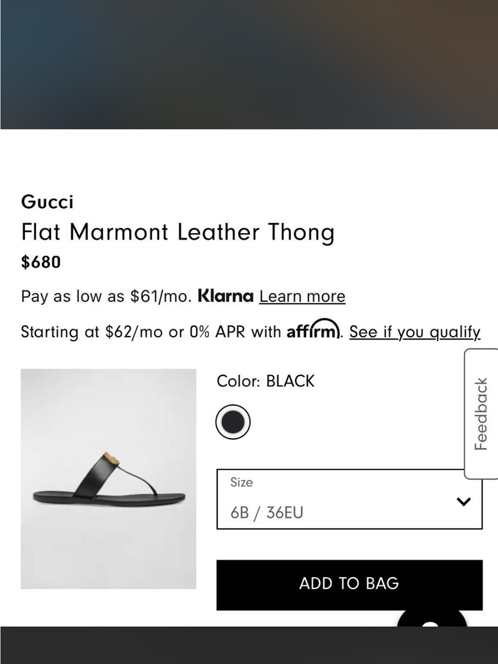Gucci Flat Marmont Leather Thong- Black Sandal Thong Slide - Picture 3 of 4
